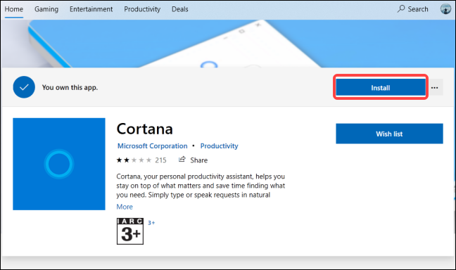 Click "Install" button to install Cortana app on your computer.