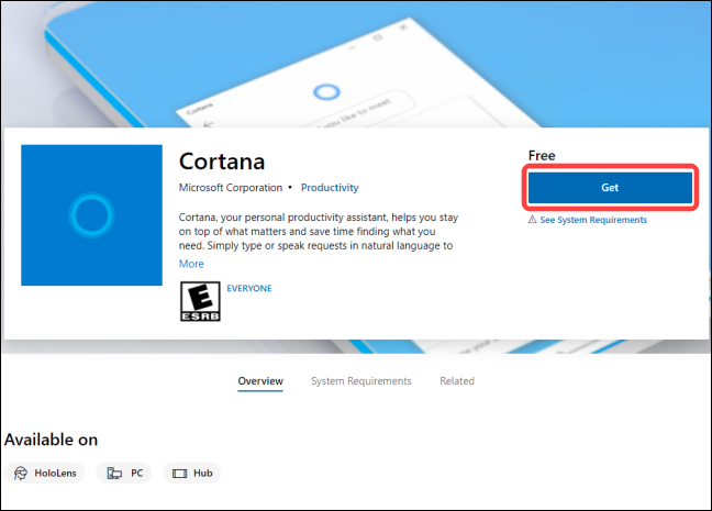Click the "Get" button to add Cortana app to your library.