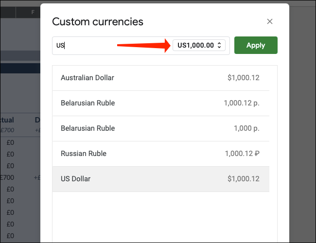 Click the currency format drop-down menu