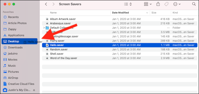 Move the Hello screen saver to your Desktop folder