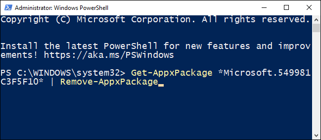 Type the command to delete Cortana for current user in the PowerShell.