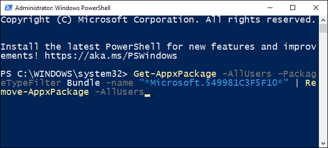 Type the command to delete Cortana for all users in the PowerShell.