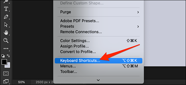 Select "Edit > Keyboard Shortcuts" in Photoshop.