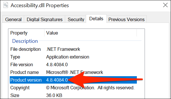 "Product version" highlighted in "Accessibility.dll" file's "Properties" window.