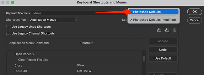 Select "Photoshop Defaults" from the "Set" drop-down menu in Photoshop.