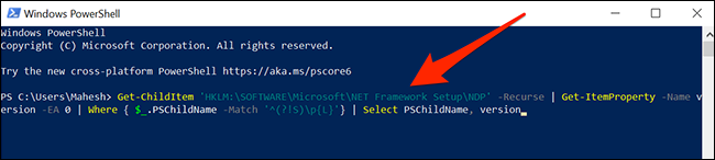 Run a command to find .NET Framework version in PowerShell.