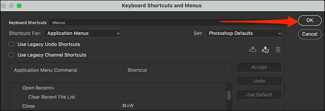 Click "OK" on the "Keyboard Shortcuts and Menus" window in Photoshop.