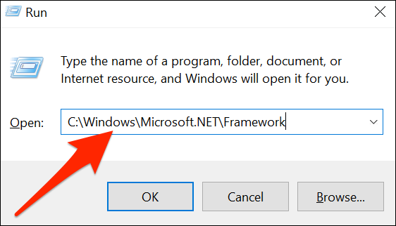 Open the "Framework" folder using Run on Windows 10.