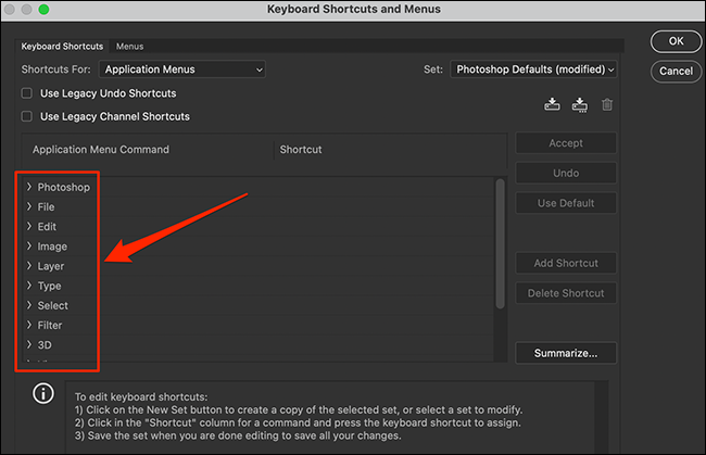 Select a menu on the "Keyboard Shortcuts and Menus" window in Photoshop.
