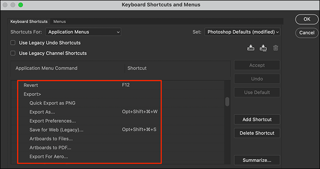Select a function on the "Keyboard Shortcuts and Menus" window in Photoshop.