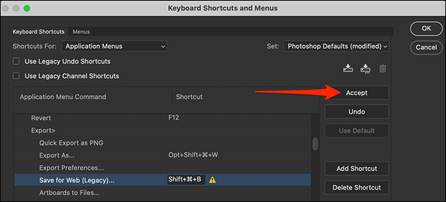 Click "Accept" on the "Keyboard Shortcuts and Menus" window in Photoshop.