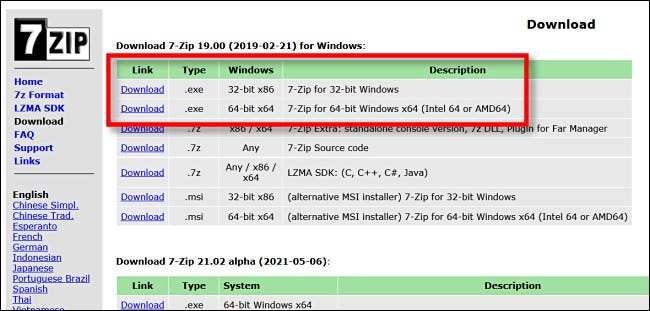 Select a recent release from the 7-Zip download page