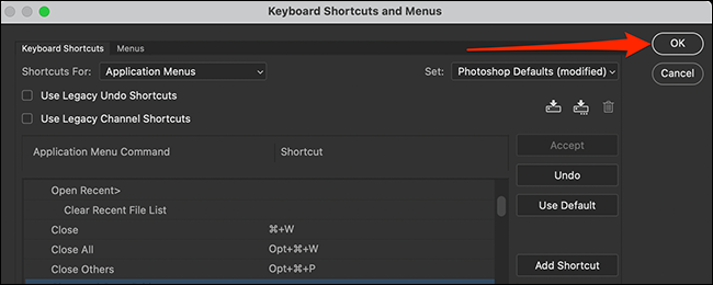 Click "OK" on the "Keyboard Shortcuts and Menus" window in Photoshop.