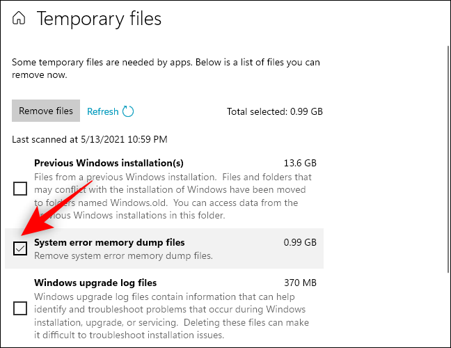 Check box for sytem error memory dump files already selected in Storage Settings