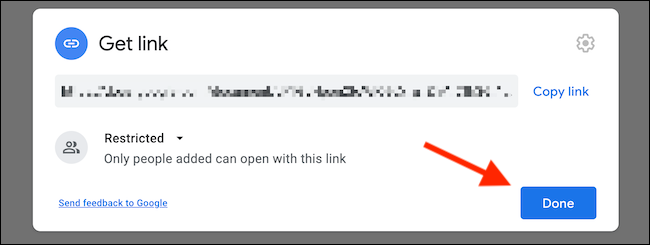 After link sharing is disabled, click the "Done" button to close the Share menu.