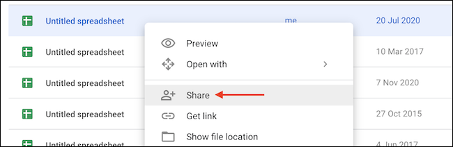 Click "Share" button in right-click menu in Google Drive.