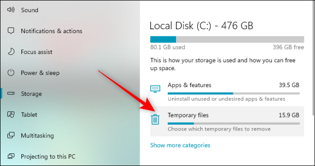 Click Temporary Files option from the right-hand side pane of Storage Settings