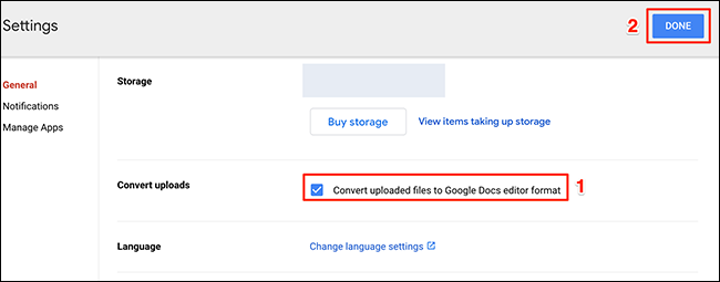 Enable the conversion option in Google Drive's settings menu.