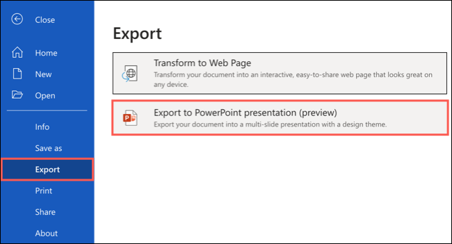Click File > Export > Export to PowerPoint Presentation