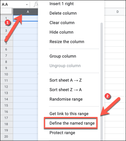 To apply a new named range to a selected row or column, right-click the selected cells, then press the "Define The Named Range" option.