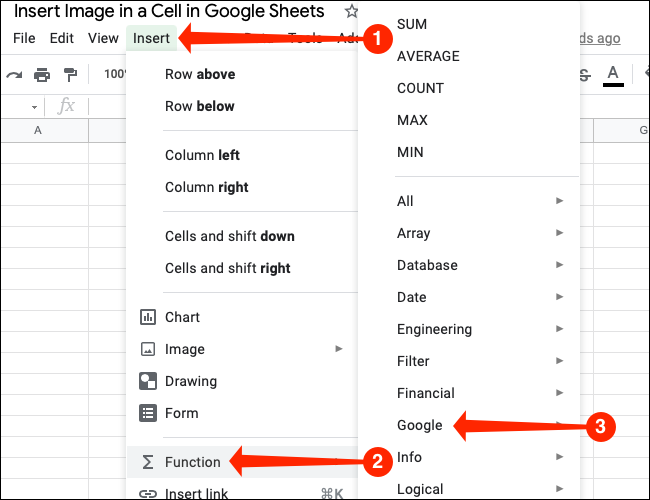 Select any cell and go to Insert > Function > Google.