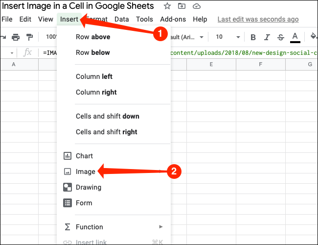 Click any blank cell in the spreadsheet and go to Insert > Image.