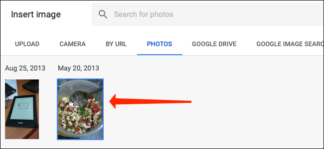 Select an image from Google Photos inside Google Sheets.