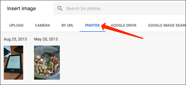 Click the "Photos" tab in Google Sheets.
