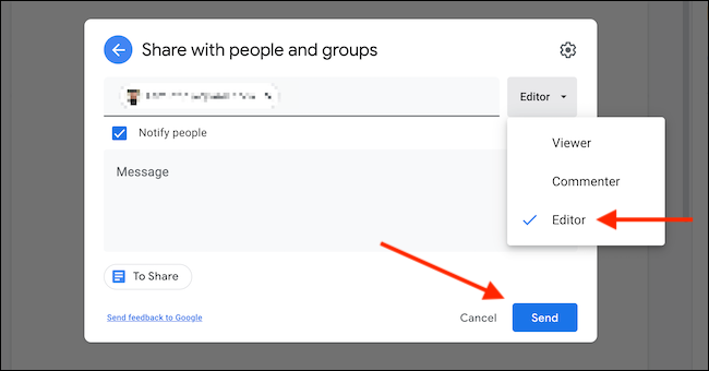 Define the role for the user, and click "Send."
