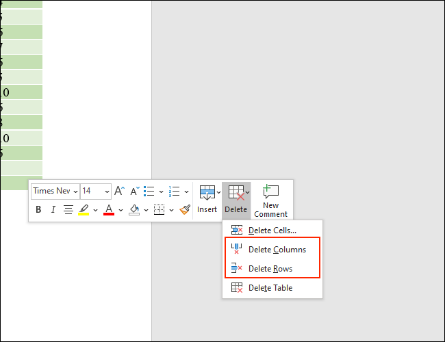 Delete Columns lets you remove columns from a table, and Delete Rows lets you get rid of rows from Microsoft Word tables
