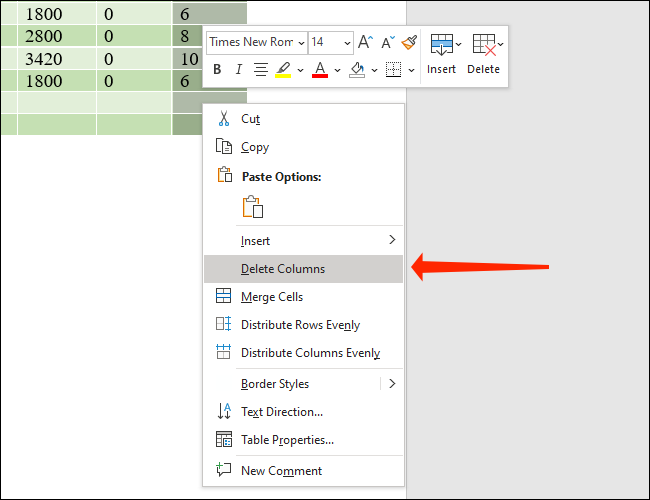 Click Delete Columns to remove selected columns from Microsoft Word tables