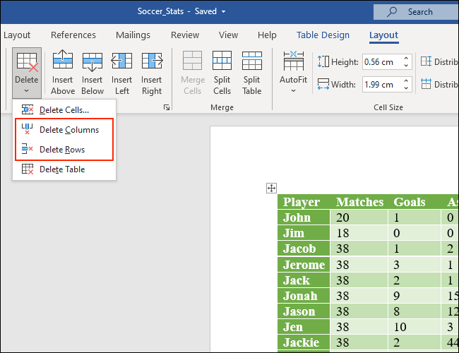 Click Delete Columns or Delete Rows to get rid of columns and rows from Microsoft Word tables