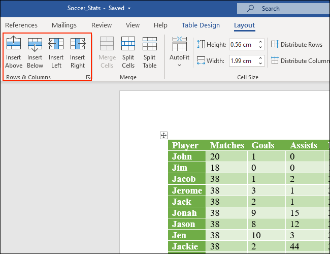 The Rows & Columns part of the Layout tab lets you add rows and columns to Microsoft Word tables
