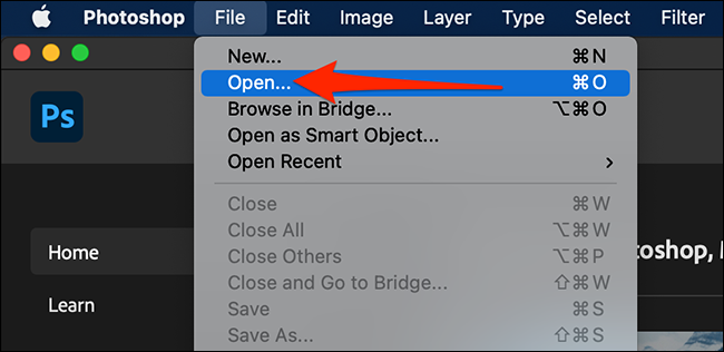 Select "File > Open" in Photoshop.