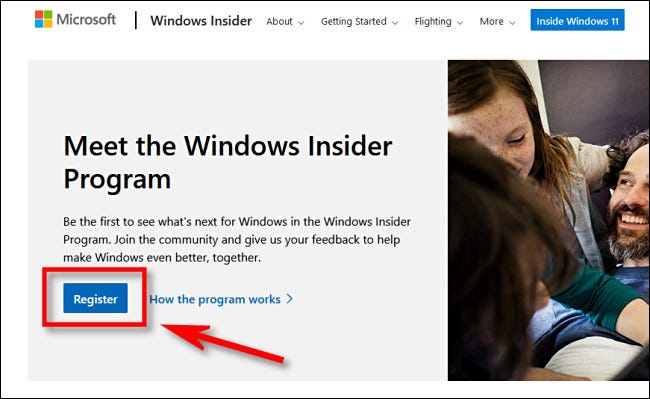 Click "Register" to join the Windows Insider Program