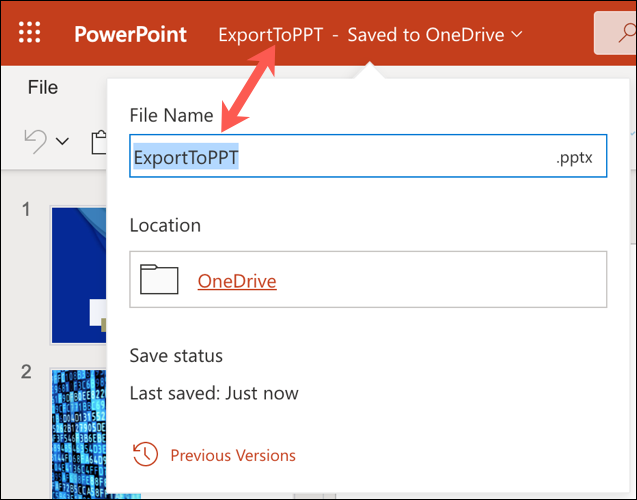 Rename a PowerPoint online by clicking its name in the top-left corner