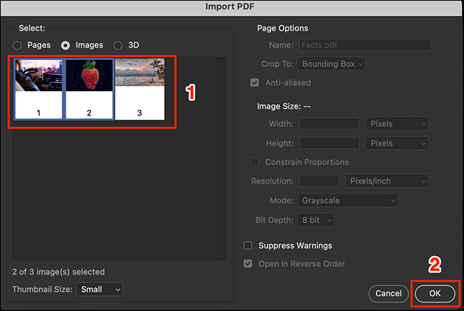 Select images to extract on the Photoshop's "Import PDF" window, then click "OK."