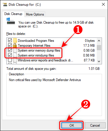 Select system error memory dump files check box