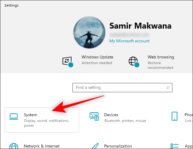 Select System from the Windows Settings App