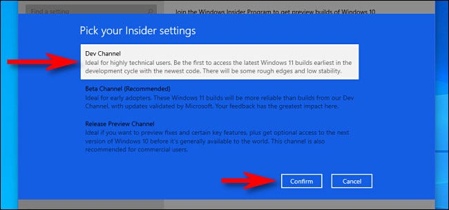 Select "Dev Channel" and click "Confirm."