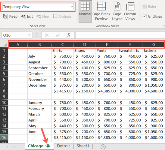 Temporary Sheet View in Excel