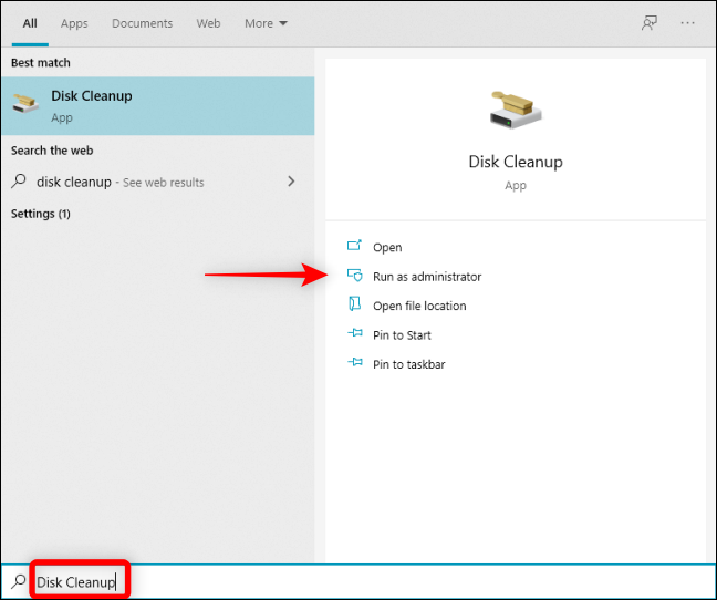 Type Disk Cleanup in Windows Search to Open it