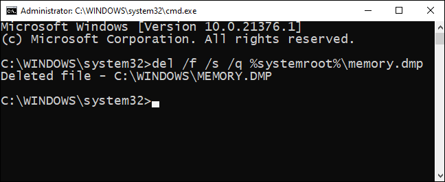 Type memory dump file deleting command in the Command Prompt