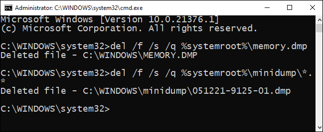 Type minidump files deleting command in the Command Prompt