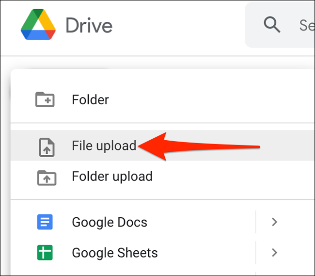 Click "New > File upload" on the Google Drive site.