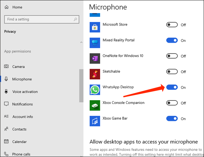 To make voice calls, allow WhatsApp access to the microphones on Windows 10.