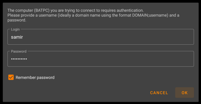 Log in with your shared computer's username and password to let VLC access the shared folderes.