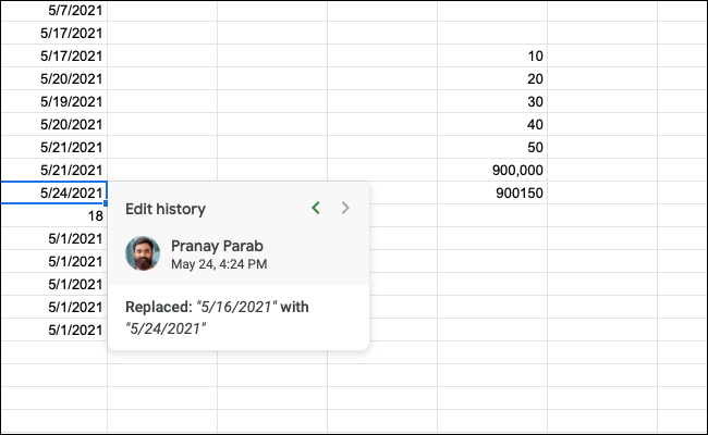 The edit history of a cell in Google Sheets