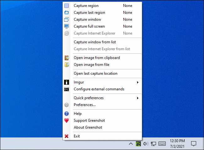 Greenshot's system tray menu.