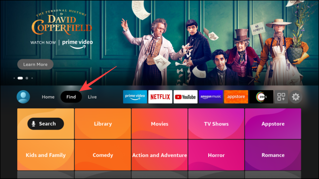 Launch the Fire TV home page, go to the Find section and press the Fire TV Remote's center button to open it.